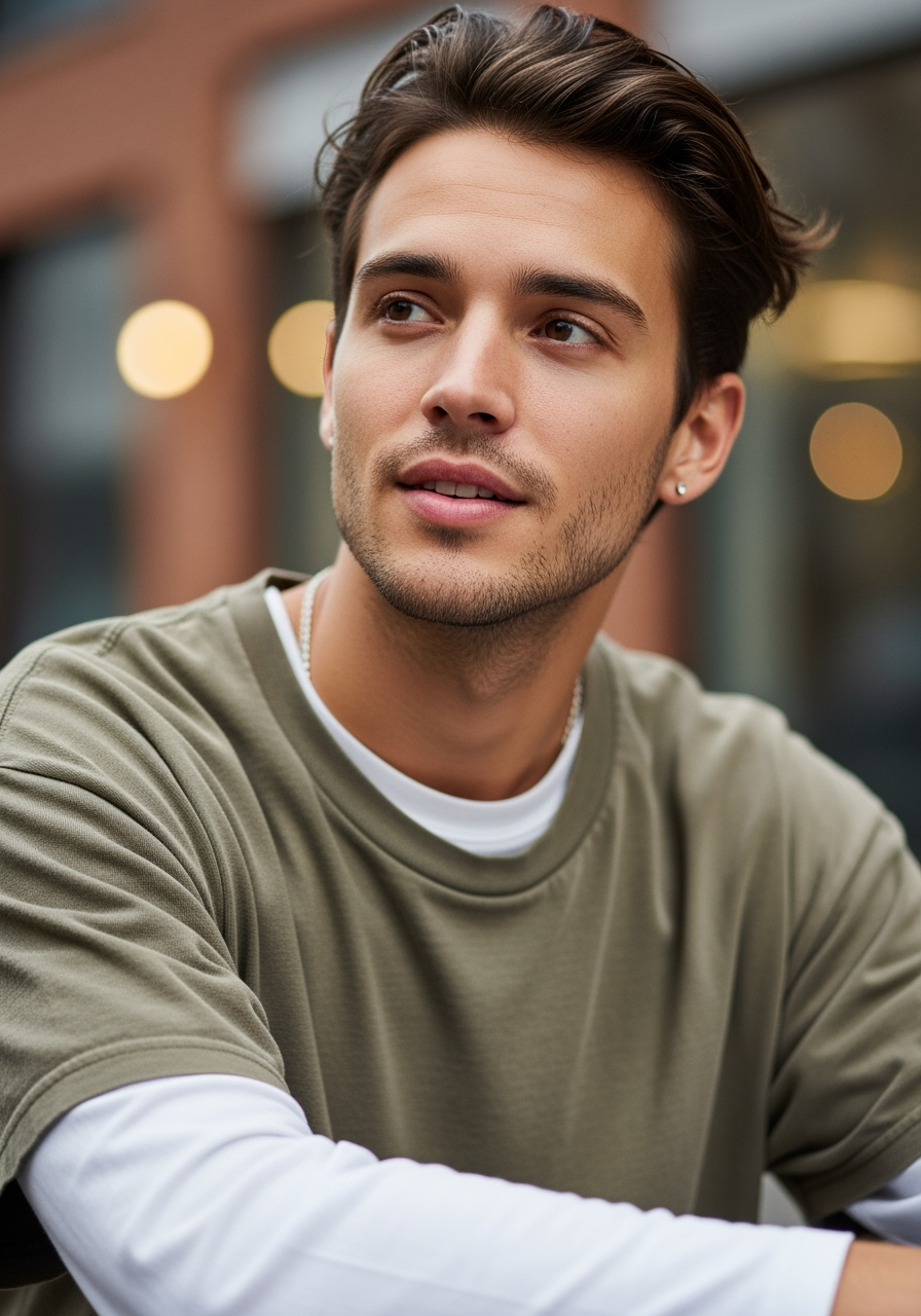 Young man with brown hair, olive green shirt, and white undershirt looking off to the side. Outdoors with blurred background.