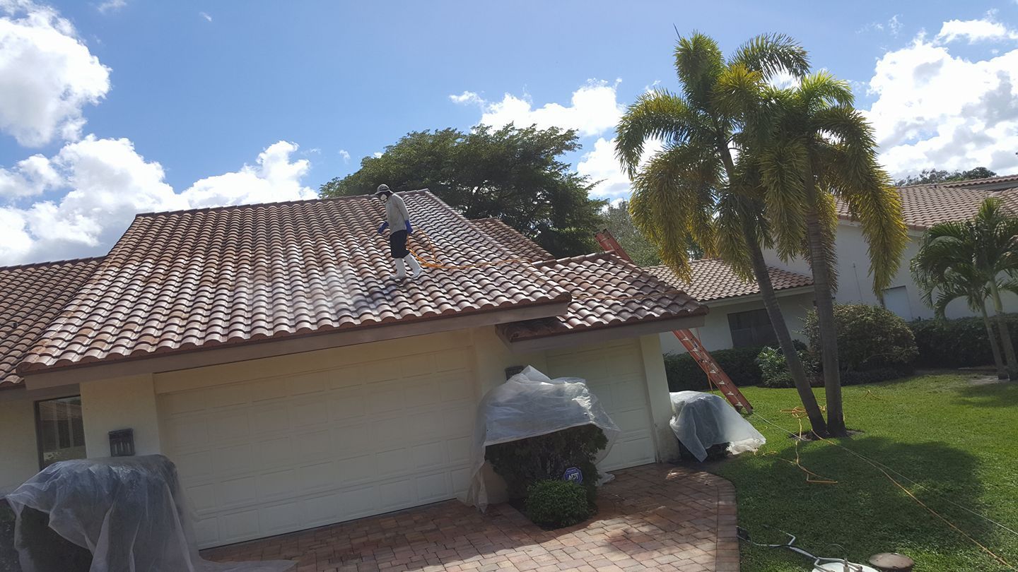 A white house with a tiled roof and a palm tree in front of it.