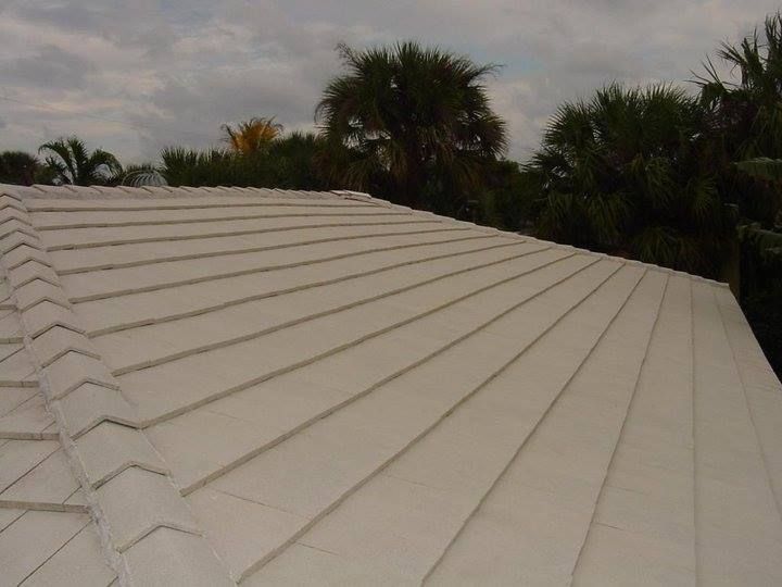 A white roof with palm trees in the background
