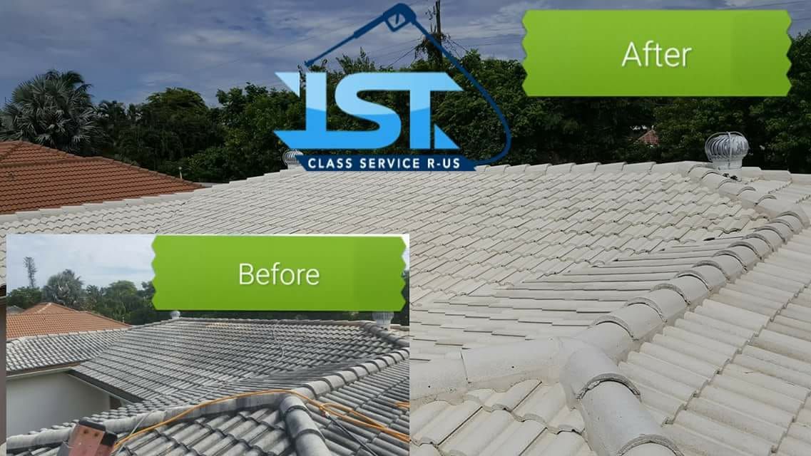 A before and after picture of a roof with trees in the background.