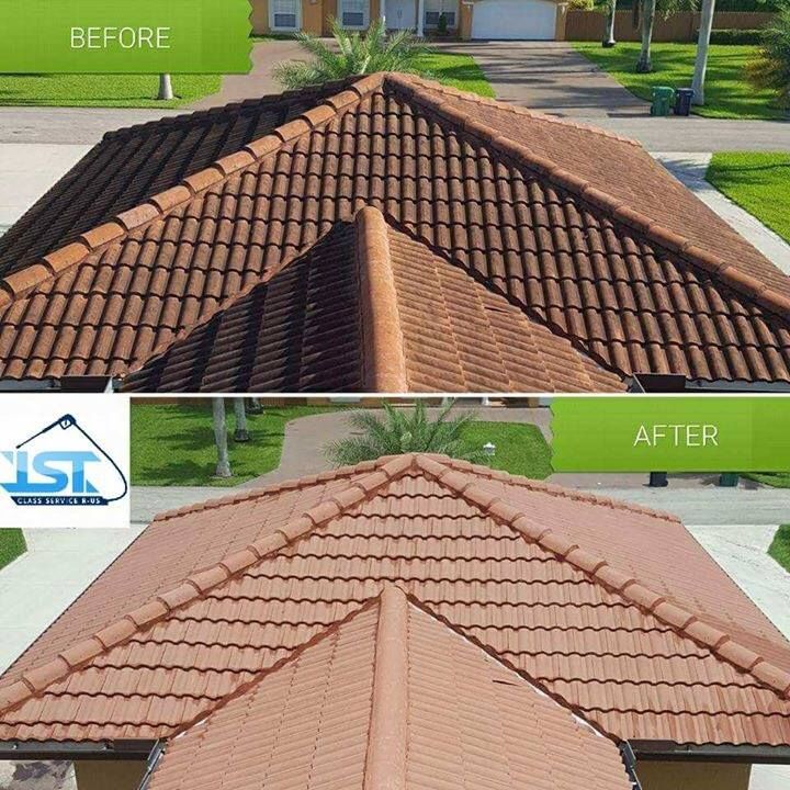 A before and after photo of a tile roof.