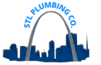A logo for stl plumbing co. with a city skyline in the background.