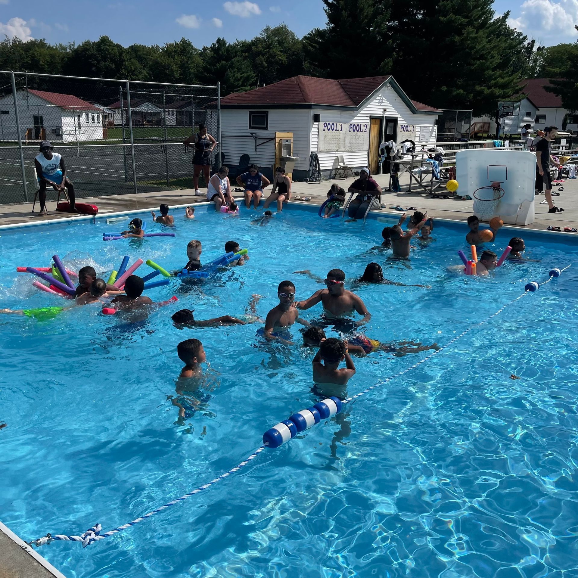 large group of kids in the pool