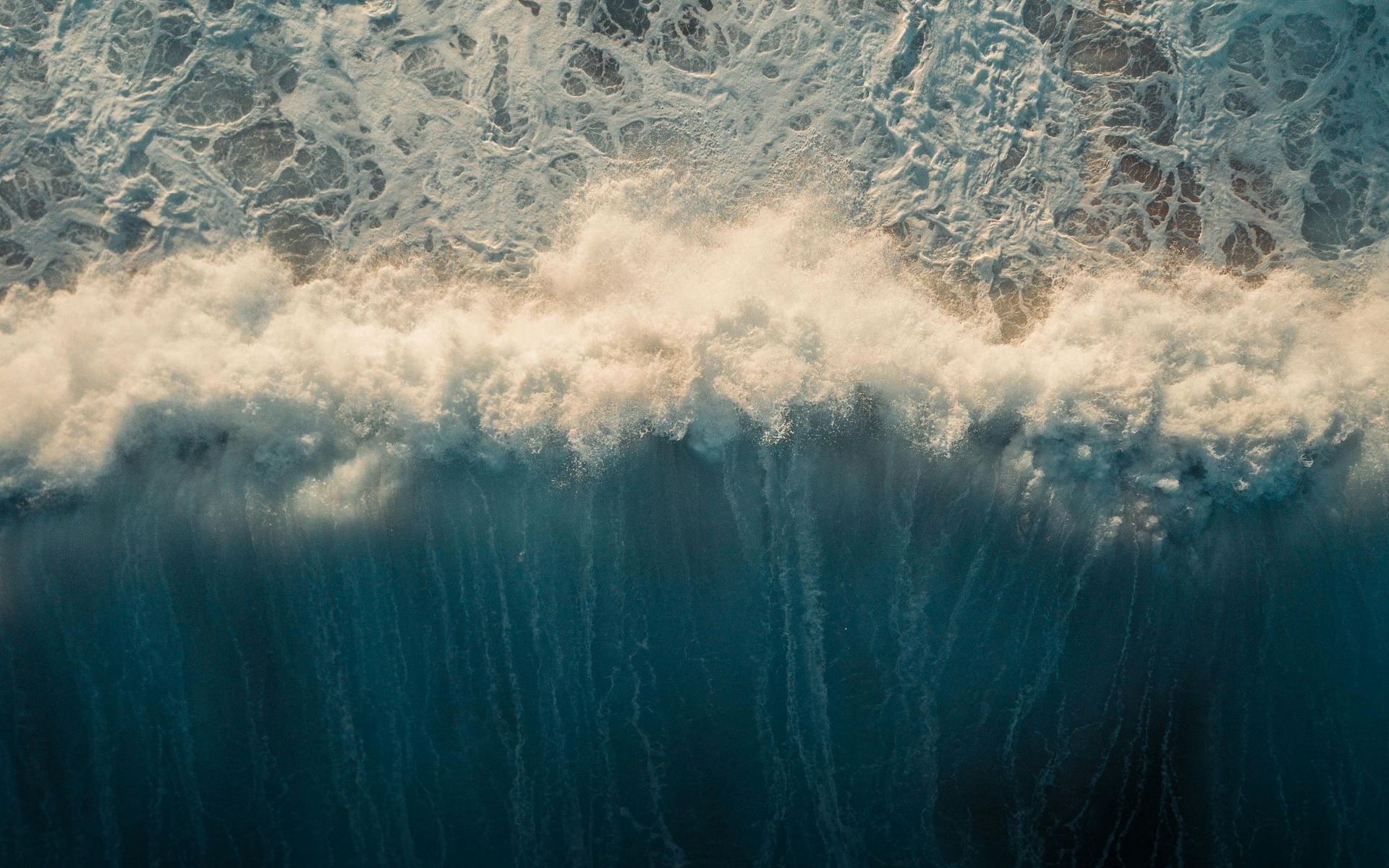 An aerial view of a wave in the ocean breaking on the shore.