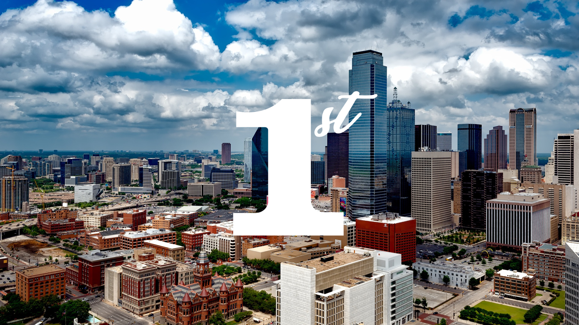 An aerial view of a city with the number 1 in the foreground.