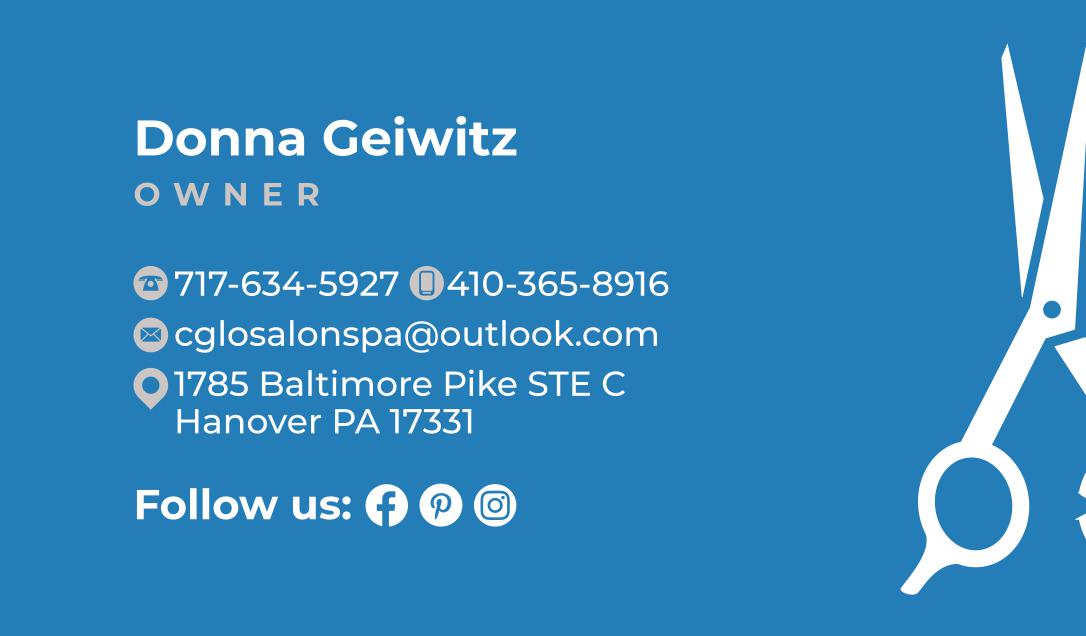 A blue business card for donna geiwitz shows a pair of scissors
