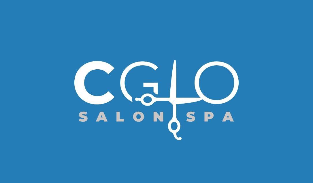 A blue background with a white logo for cglo salon spa