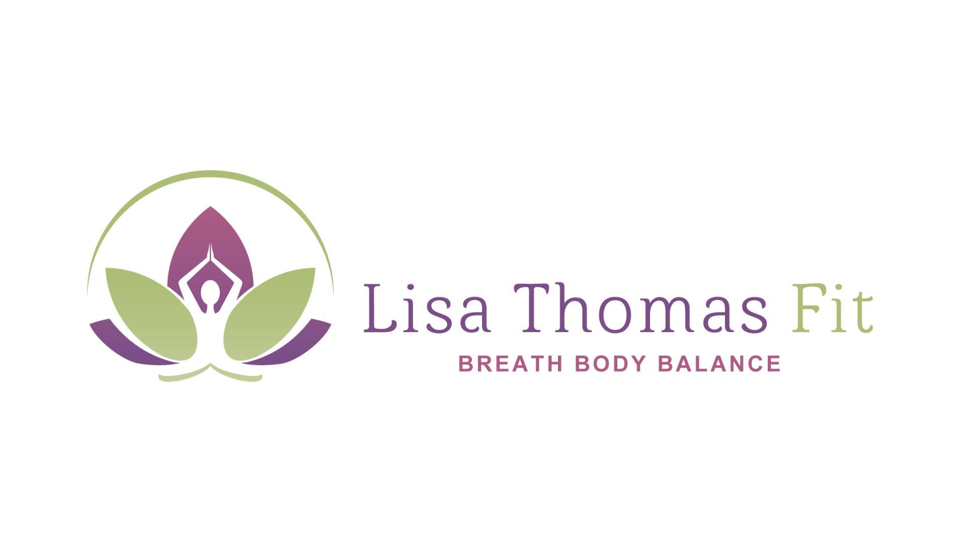 A logo for lisa thomas fit breath body balance with a purple flower and green leaves.