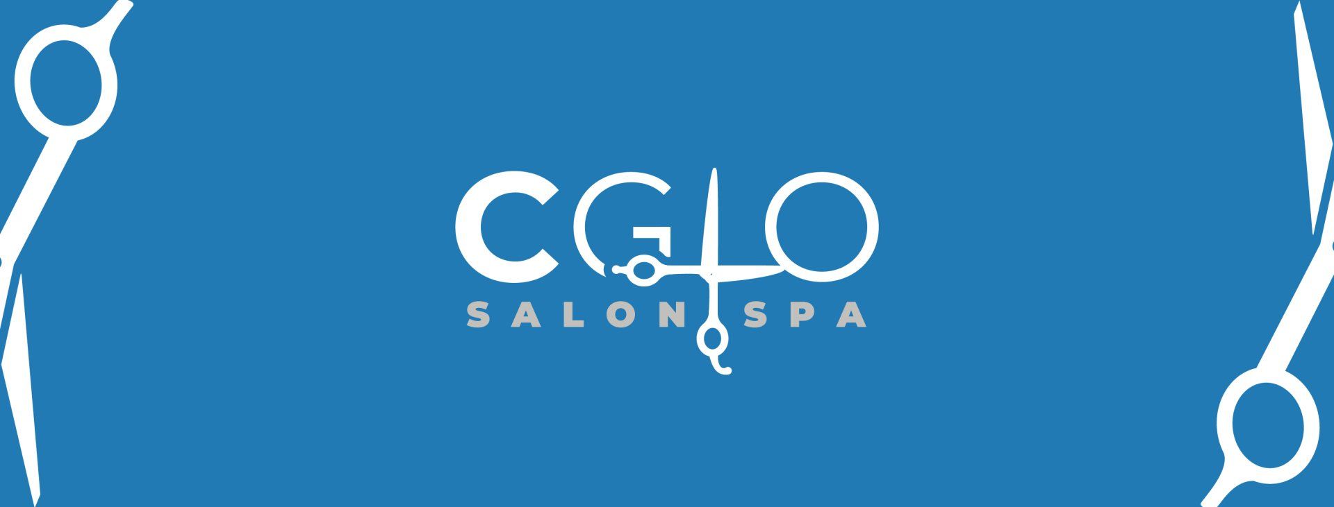 The logo for cglo salon spa with scissors on a blue background