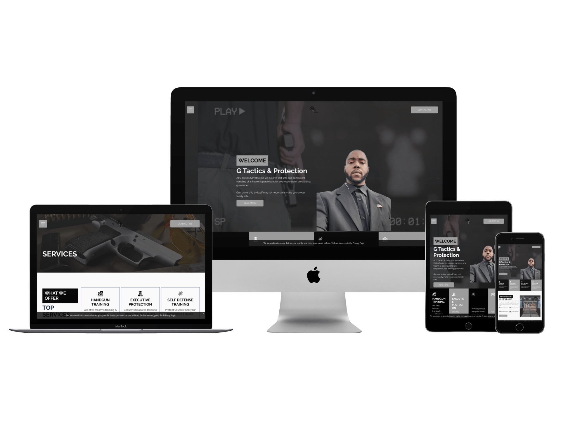 A computer , laptop , tablet , and phone are displaying a website.