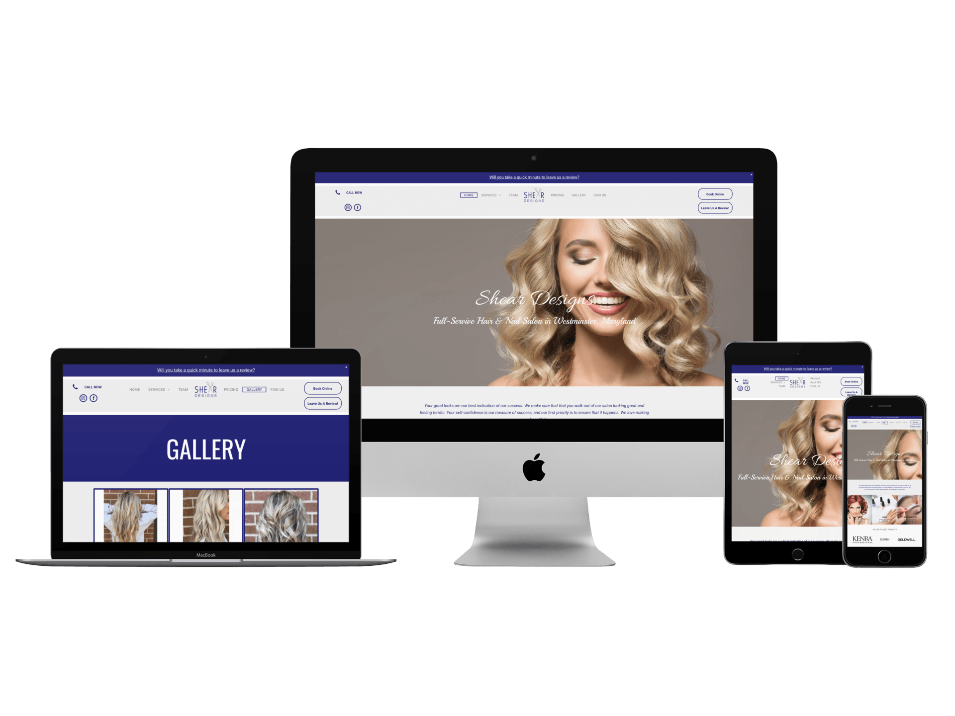 A computer , laptop , tablet , and phone are displaying a website.