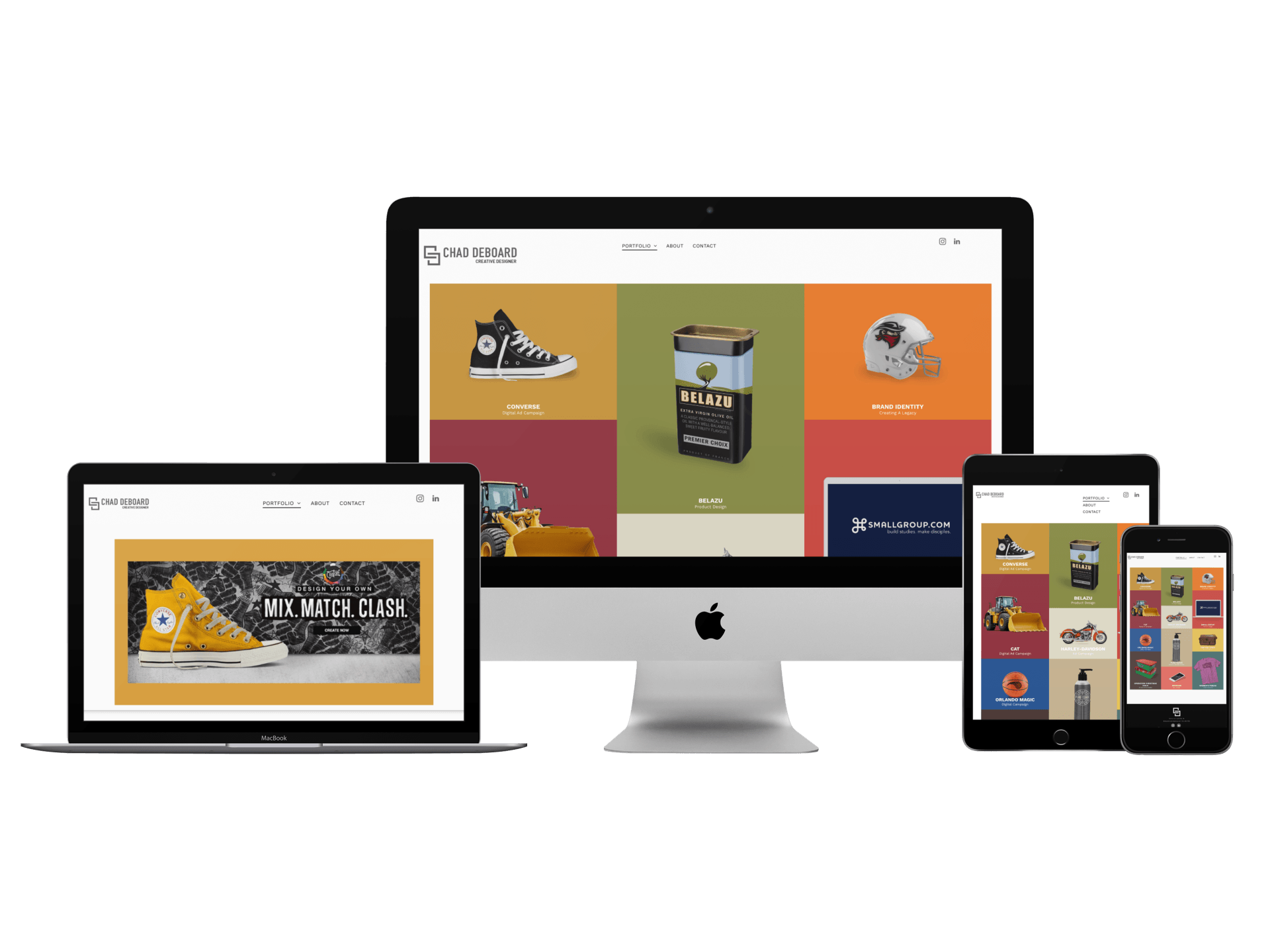 A computer , laptop , tablet and phone are displaying a website.