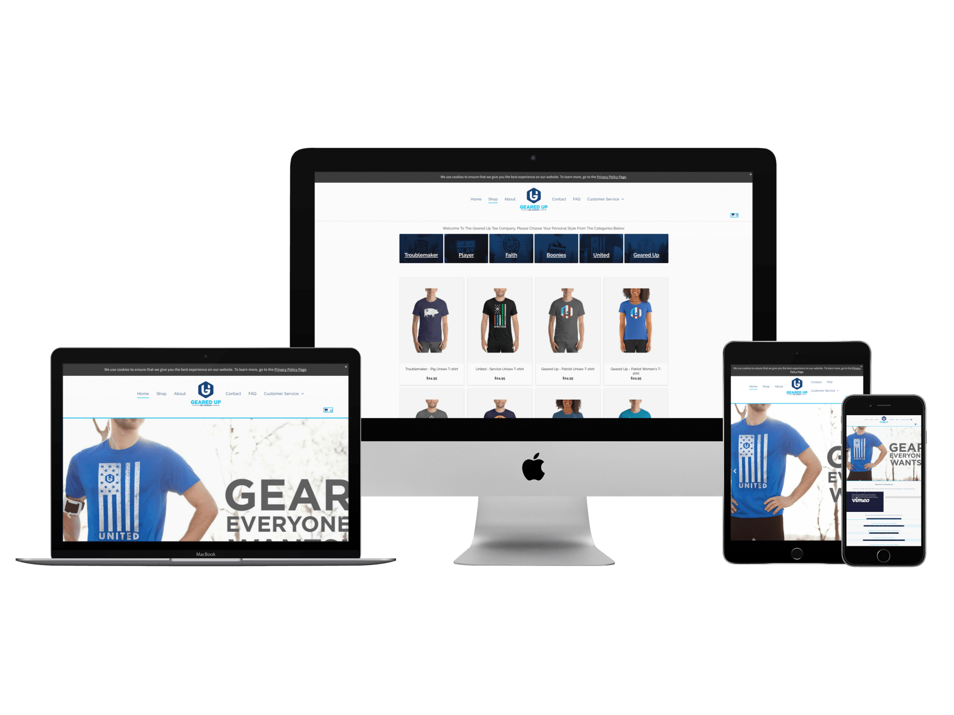 A computer , laptop , tablet , and phone are displaying a website.