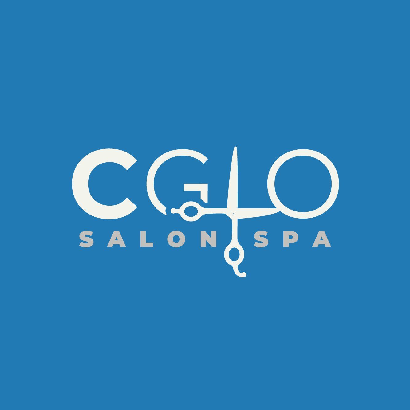 A blue background with a white logo for cglo salon spa