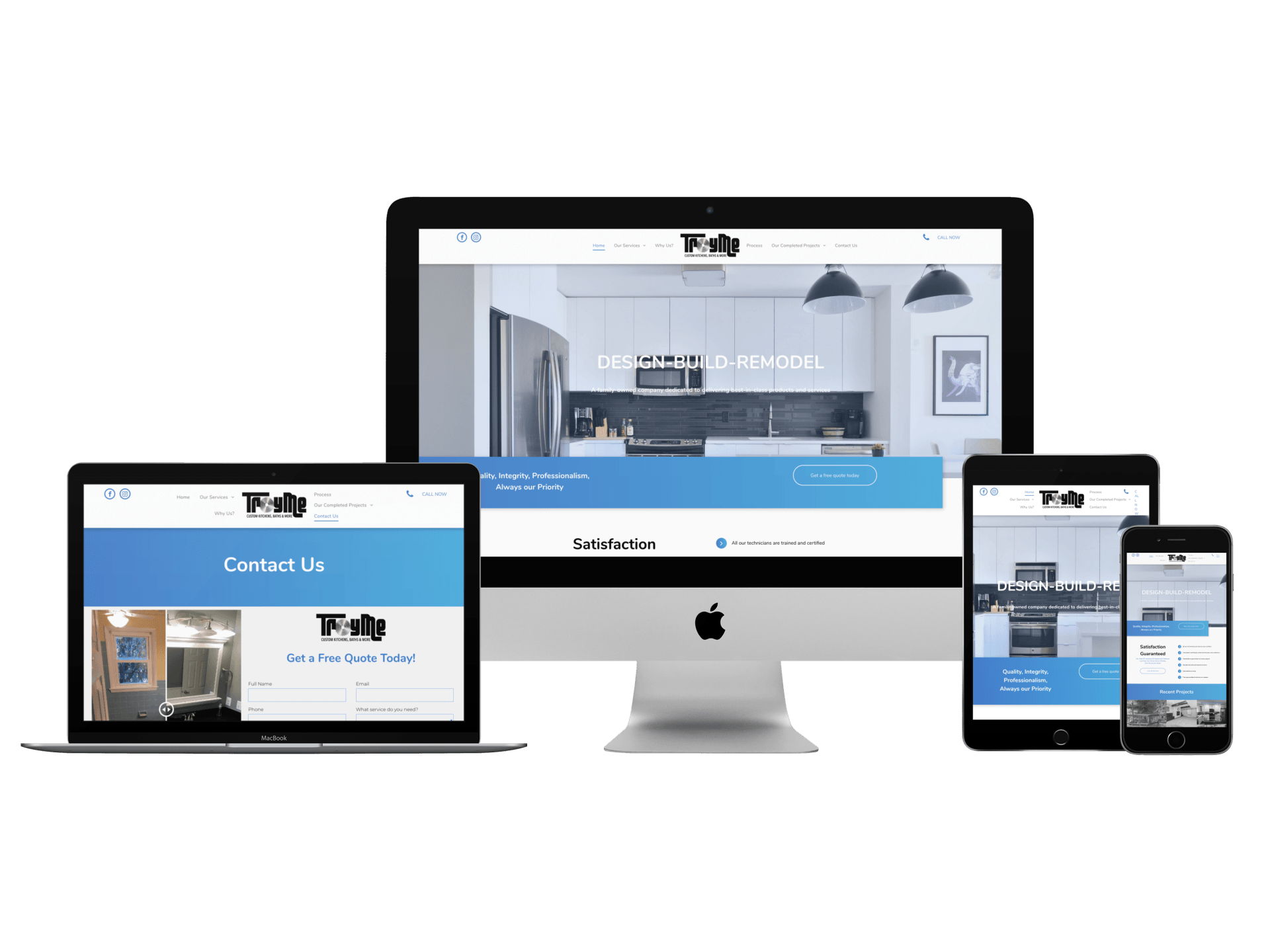 A computer , laptop , tablet , and phone displaying a website.