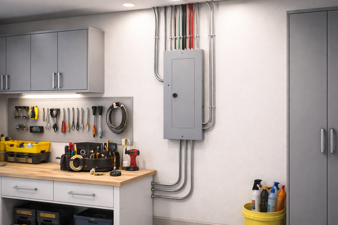 A gray electrical panel mounted on a wall in a garage, with metal conduits running to it above a wooden workbench.