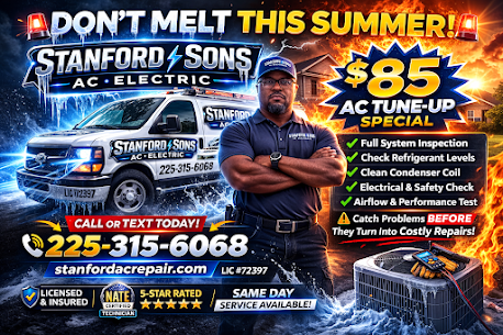 A promotional flyer for Stanford & Sons AC & Electric offering an $85 tune-up, featuring a technician and contact info.