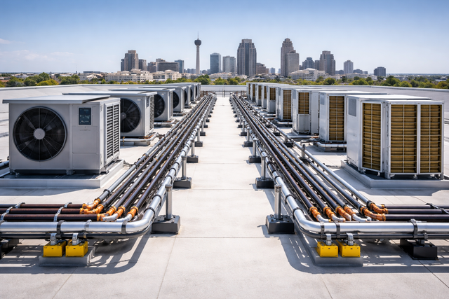 Rows of commercial HVAC units on a flat roof with a city skyline in the background under a clear sky.