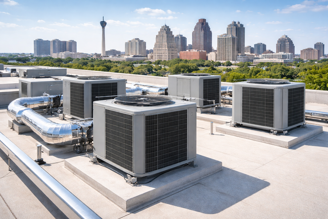 Multiple industrial HVAC units positioned on a flat rooftop with a city skyline in the background.