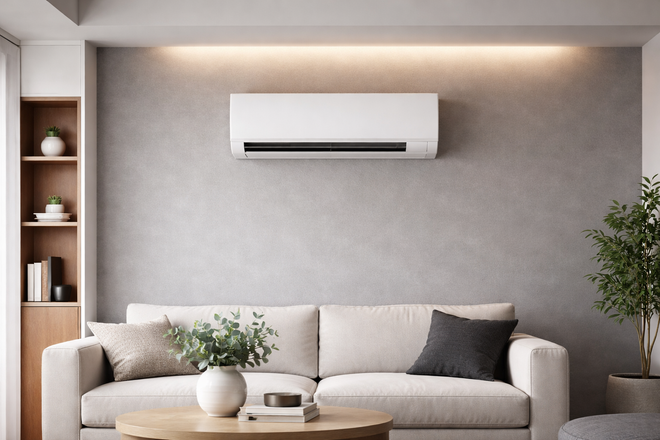 A modern living room with a neutral-toned sofa, a small coffee table, a bookshelf, a potted plant, and a wall-mounted AC.