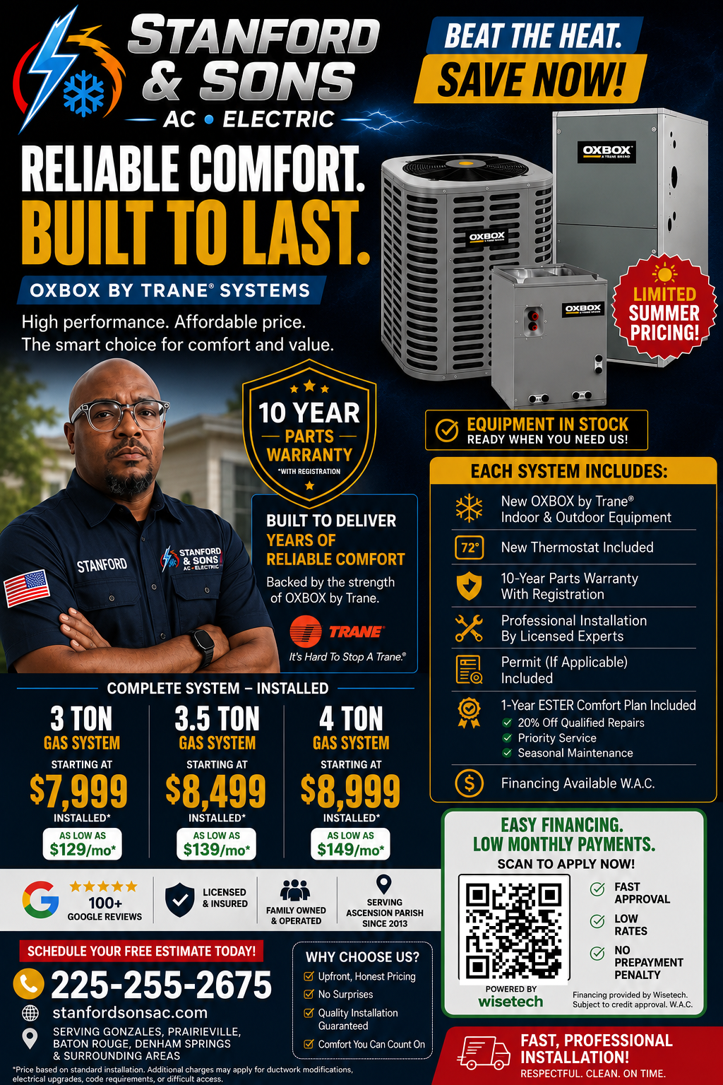 A promotional flyer for Stanford & Sons AC & Electric offering an $85 tune-up, featuring a technician and contact info.