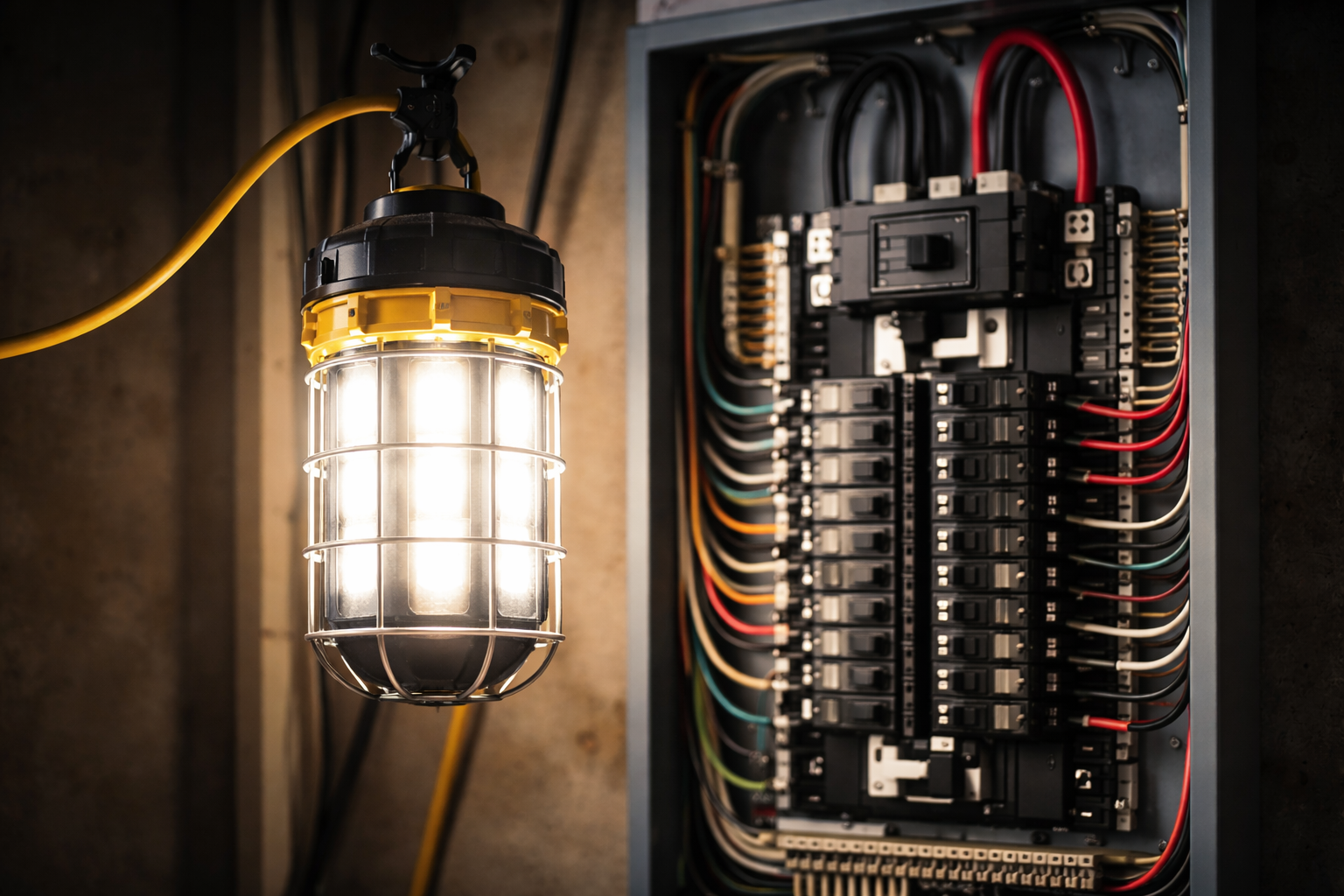 A bright cage-style work light hangs next to an open residential electrical breaker panel with many colorful wires.