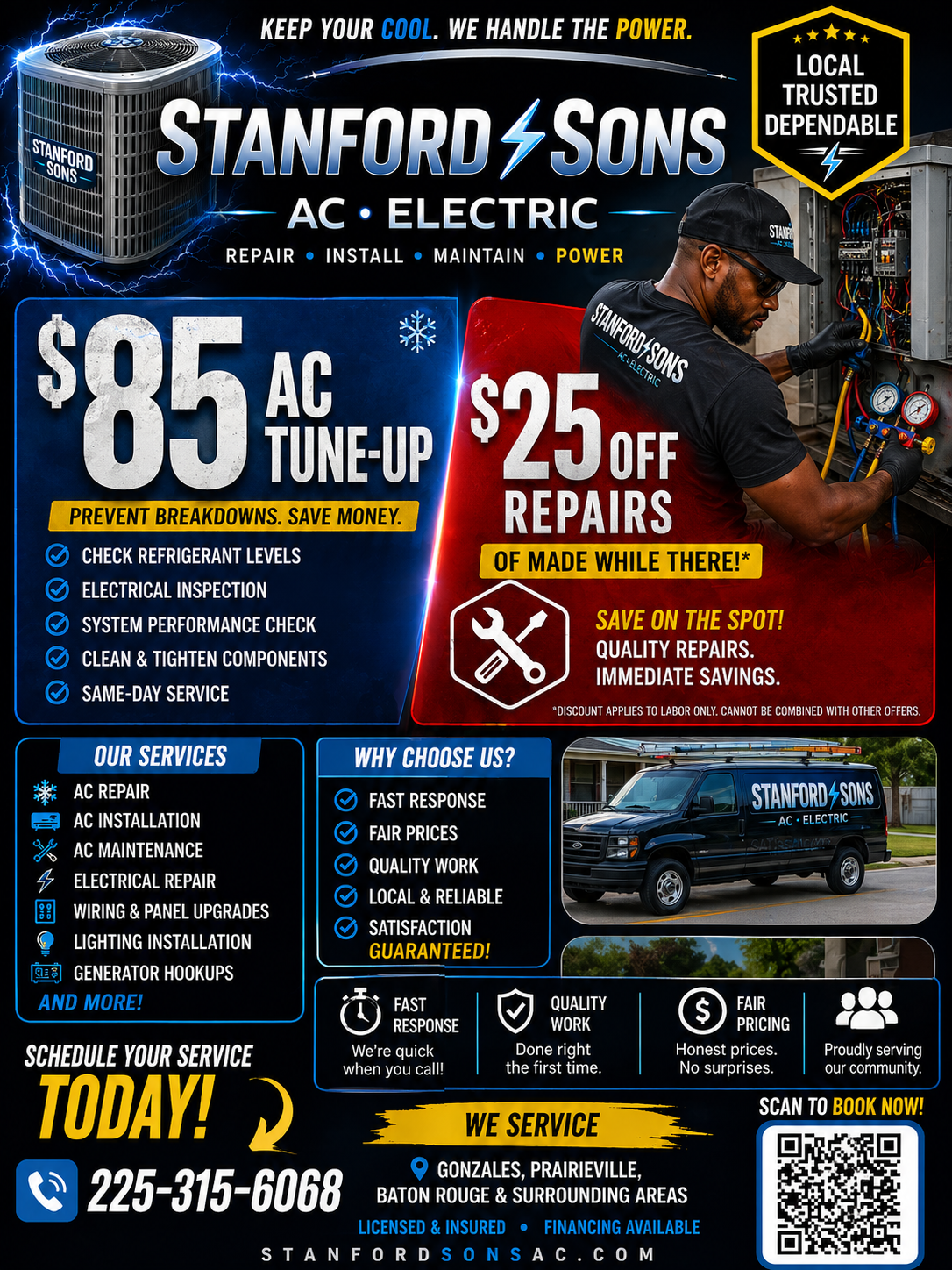 A promotional flyer for Stanford & Sons AC & Electric offering an $85 tune-up, featuring a technician and contact info.