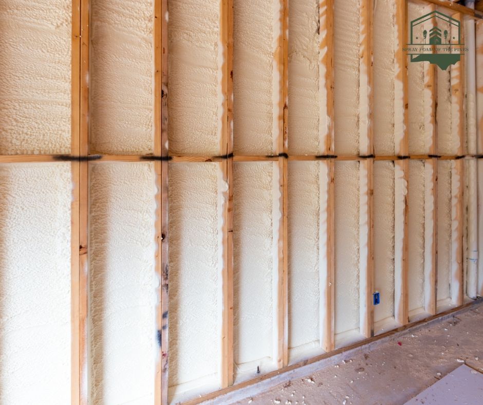A wall is being insulated with spray foam and wooden beams.