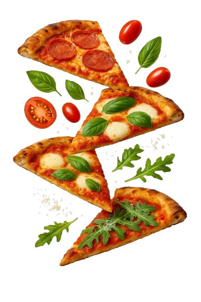 Fette di pizza cadono in aria con pomodori e basilico.