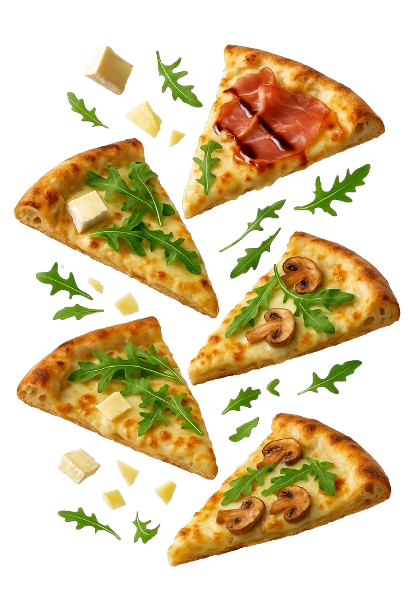 Fette di pizza volano in aria su uno sfondo bianco.