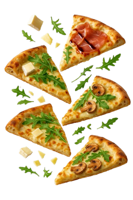 Fette di pizza volano in aria su uno sfondo bianco.