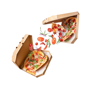 Tre fette di pizza cadono da una scatola di cartone.