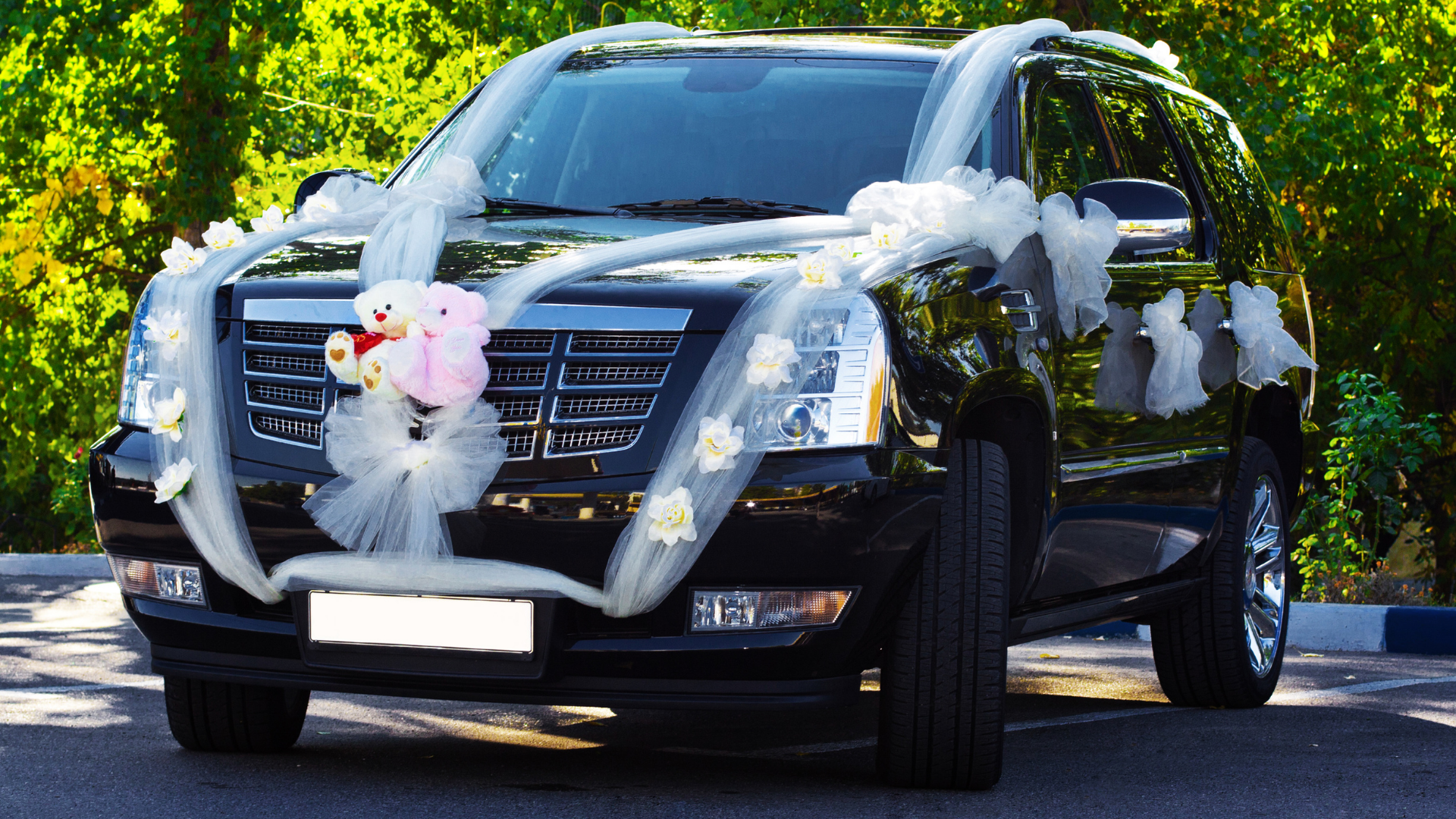 A bride and groom are sitting in the back seat of a limousine.