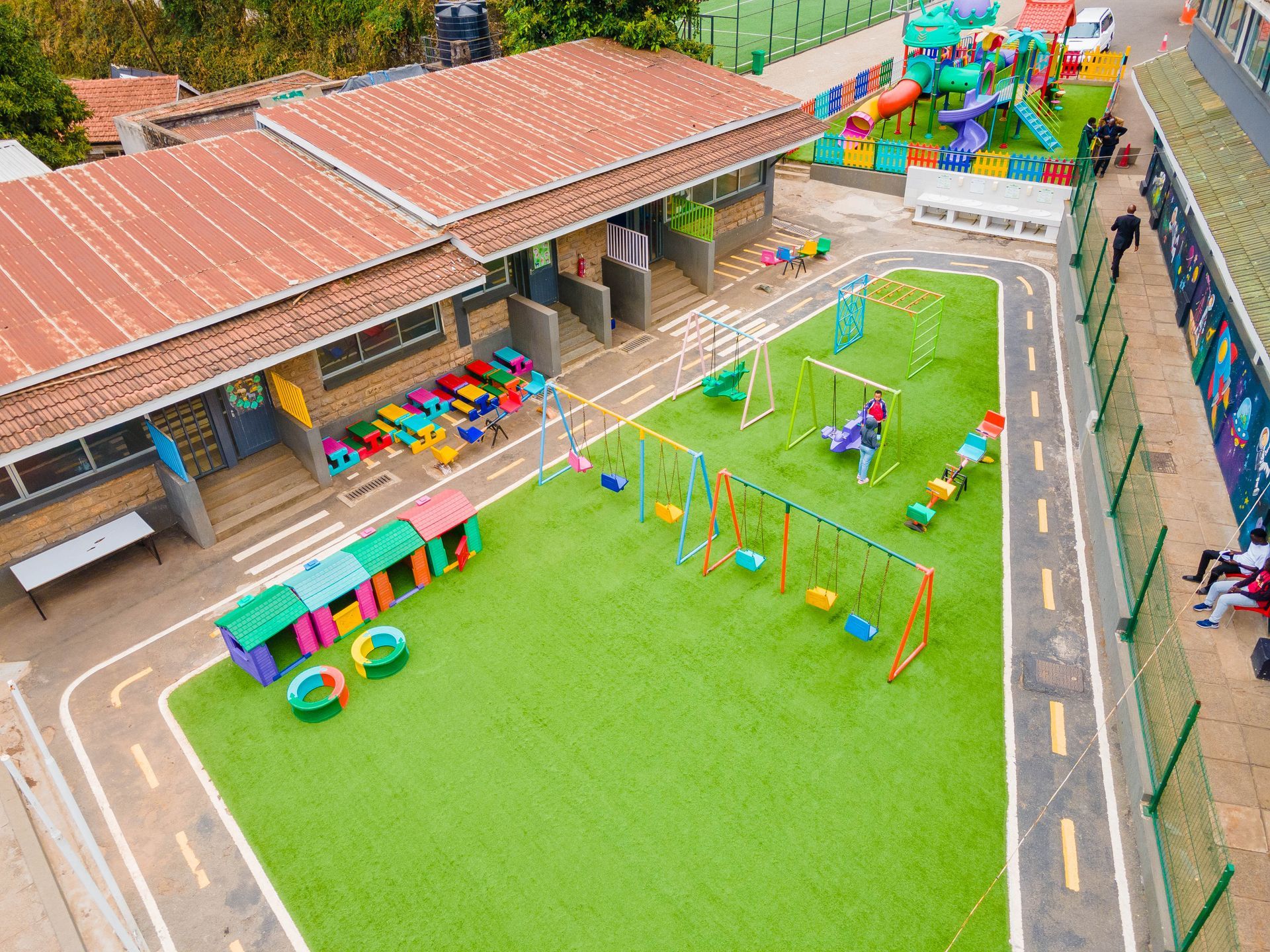 An aerial view of a playground with a lot of colorful toys.