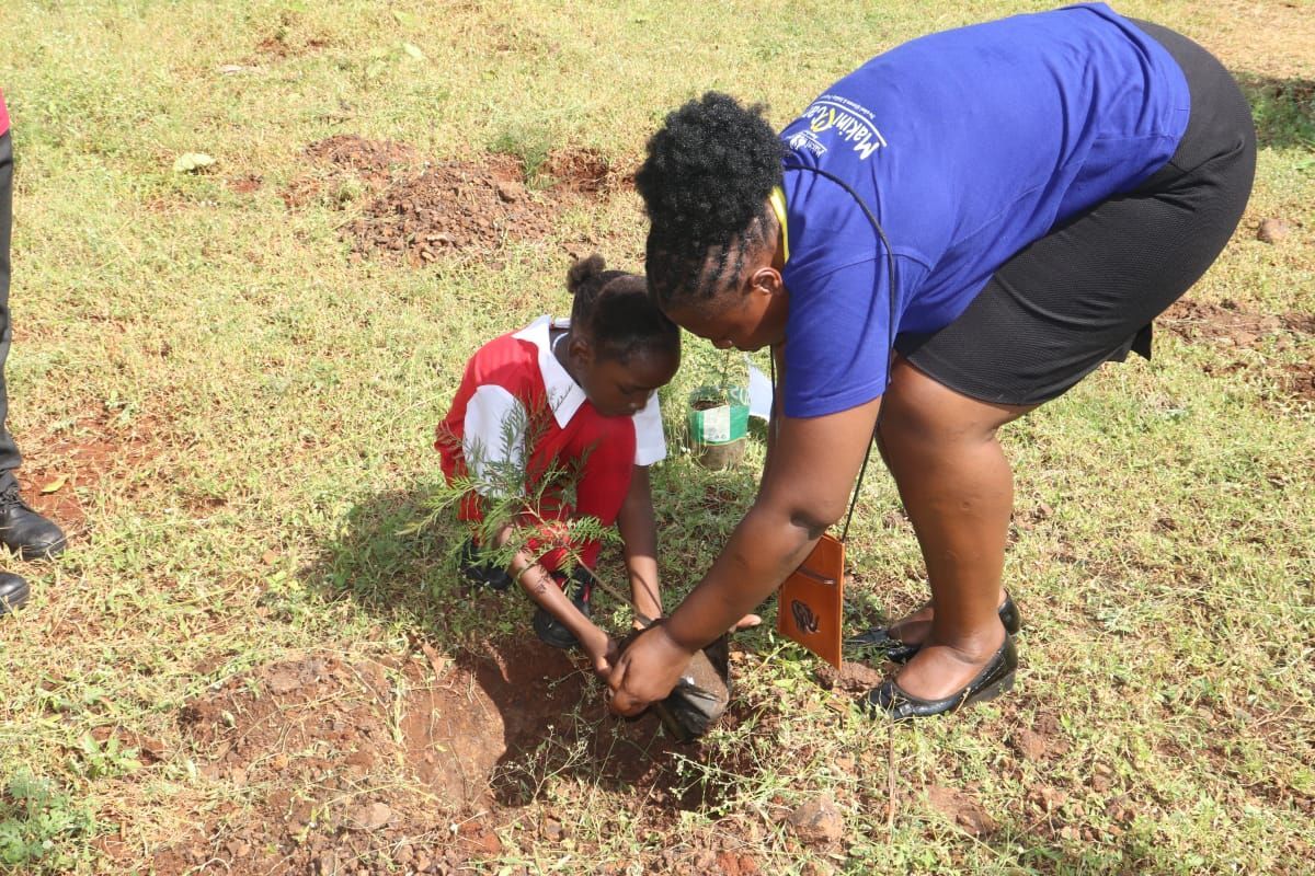 A woman and a child are planting a tree in a field.