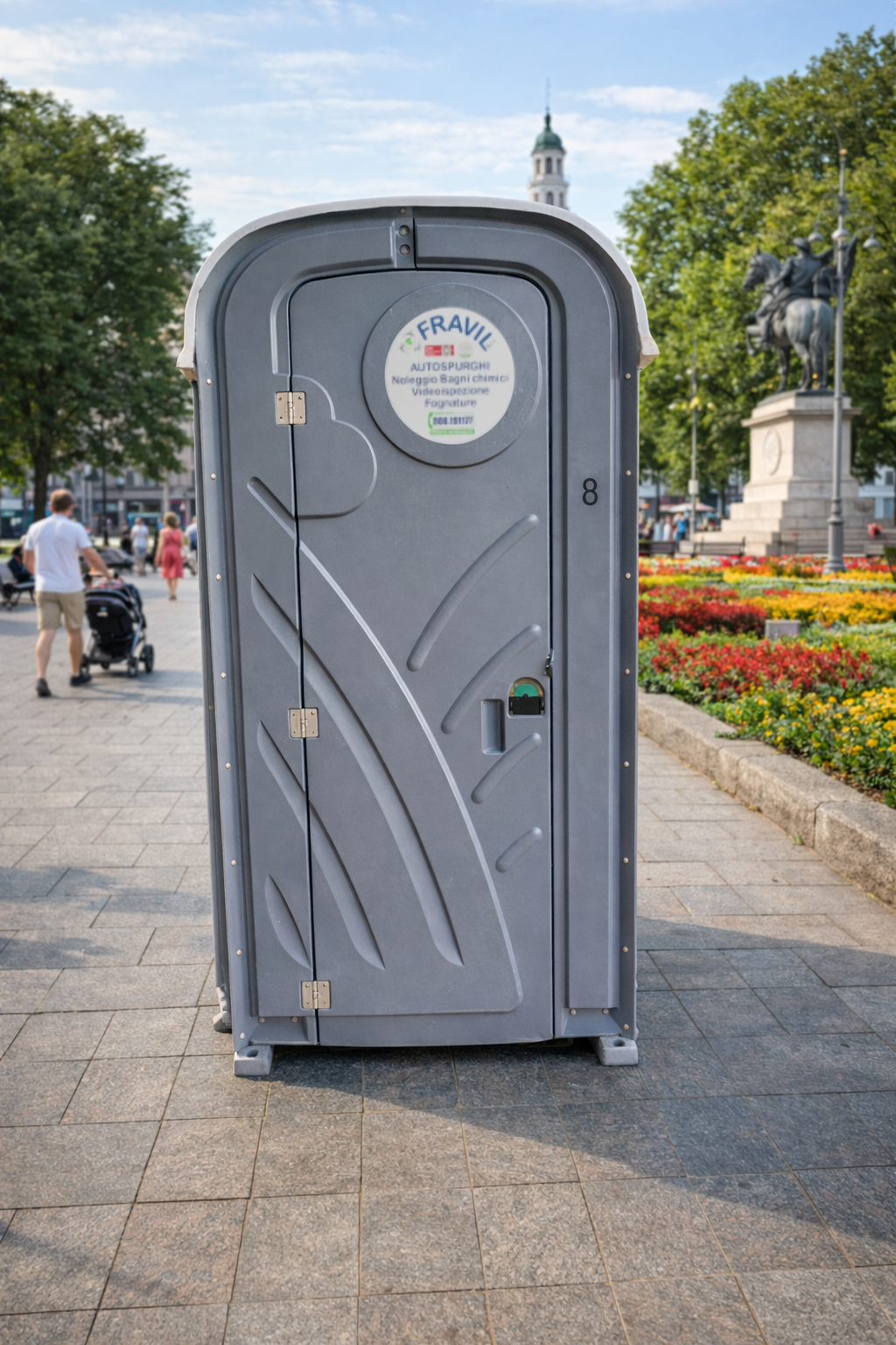 Grande camion industriale argentato sull'erba con cielo sullo sfondo.