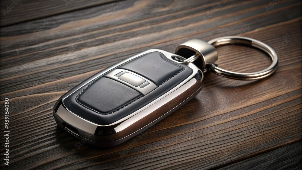 Car key on a dark wooden surface. Key is black and silver, with a key ring attached.