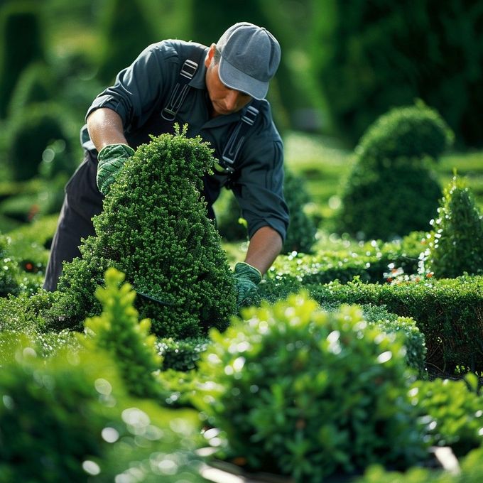 A man is cutting a bush in a garden