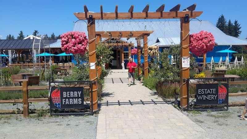 Entrance archway to Berry Farms estate winery with walkway, flowers, and outdoor seating under blue umbrellas