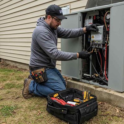 A technician kneels next to an air conditioning unit, working on its electrical components while using tools from a nearby bag.