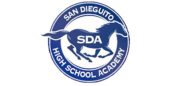 San Dieguito High School Academy logo: Blue running horse inside a blue circle with white text.