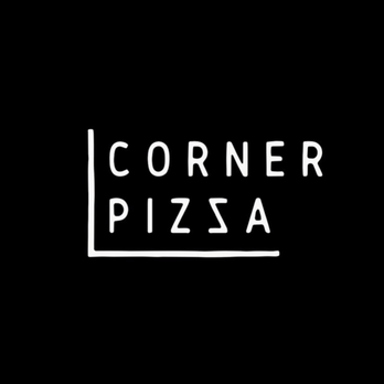 Corner Pizza logo on black background; white text and a white corner graphic.