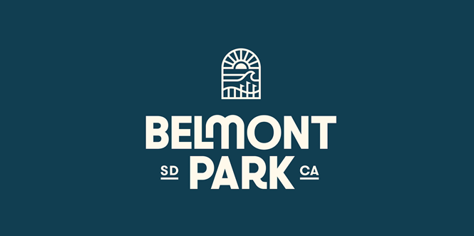 Belmont Park logo with an archway icon, text "Belmont Park," and "SD CA." Teal background.