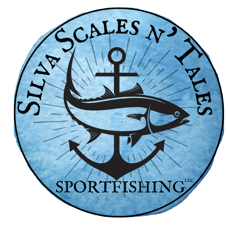Logo for Silva Scales N' Tales Sportfishing: Black fish over anchor, surrounded by text on a blue textured background.