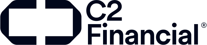 Logo of C2 Financial, with a blue square containing an open, white rectangle, and text to the right.