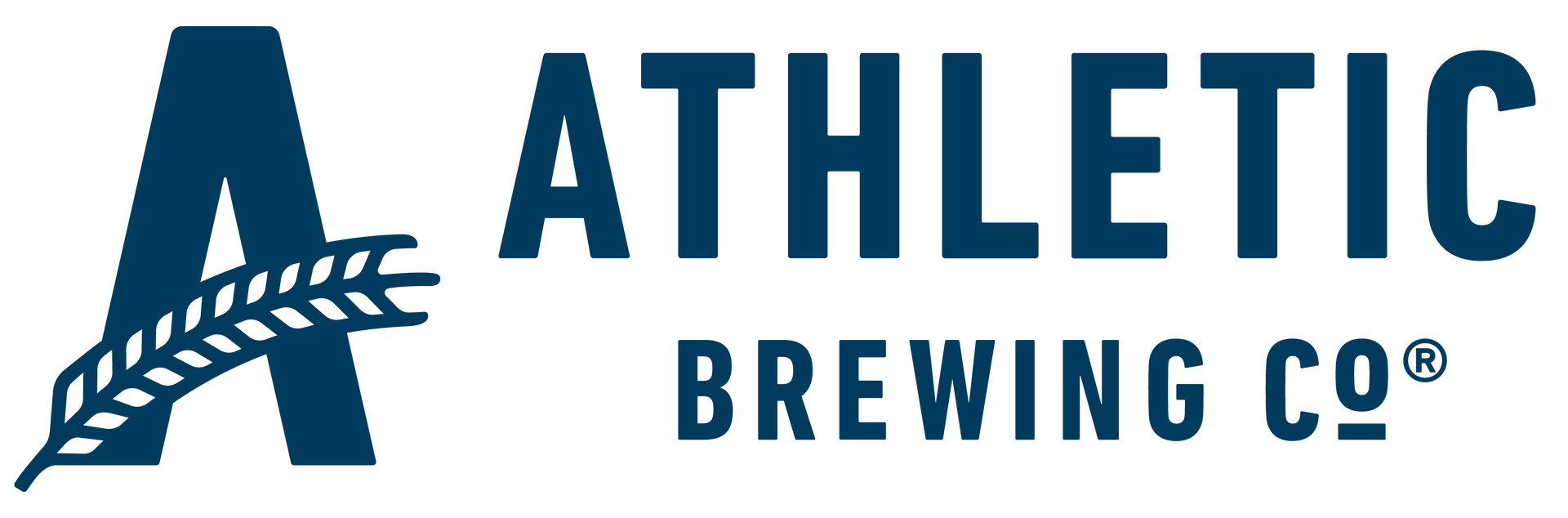 Logo for Athletic Brewing Co. Dark blue "A" with wheat, next to the text "ATHLETIC BREWING CO®".