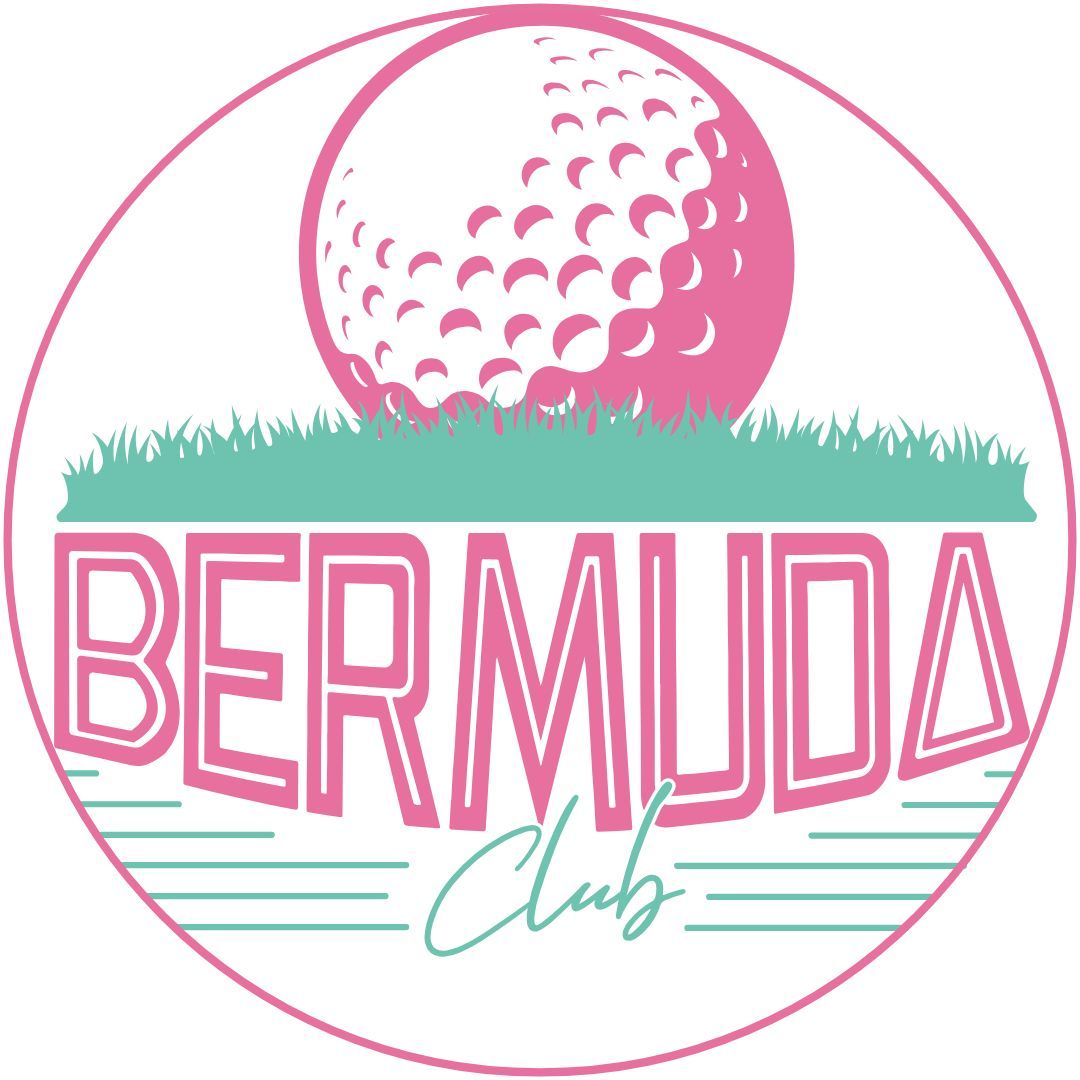 Pink golf ball over green grass, "BERMUDA Club" text, all inside a pink circle.