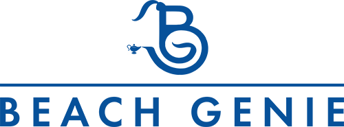 Blue logo with the word "Beach Genie" beneath a stylized "B" with a genie lamp.