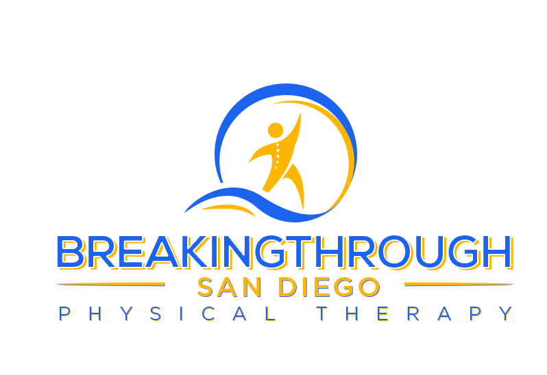 Logo for Breaking Through San Diego Physical Therapy. A person in yellow reaching up in a blue circle and wave.