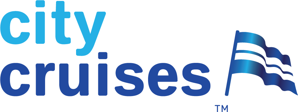 Logo for City Cruises: blue text and flag illustration.